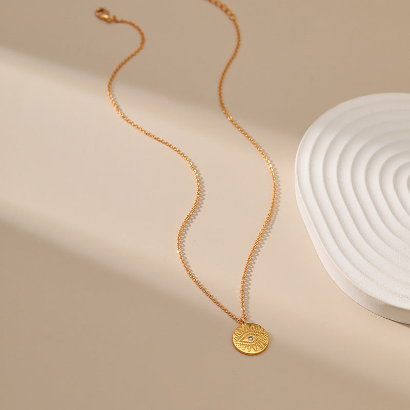 Wholesale Devil's Eye Copper Plated 18K Real Gold Retro Disc Necklace Clavicle Chain